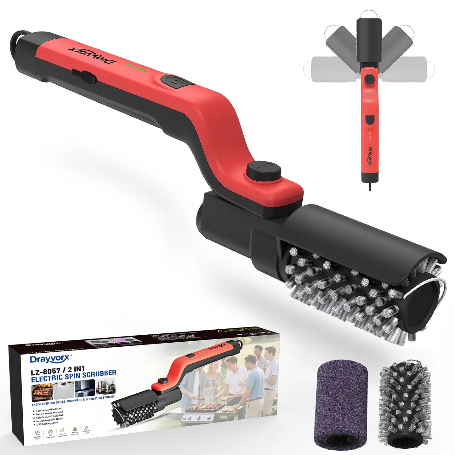Drayvorx Rechargeable Electric Grill Cleaner Brush - 400 RPM Motor with Type-C Charging and Stainless Steel Bristles